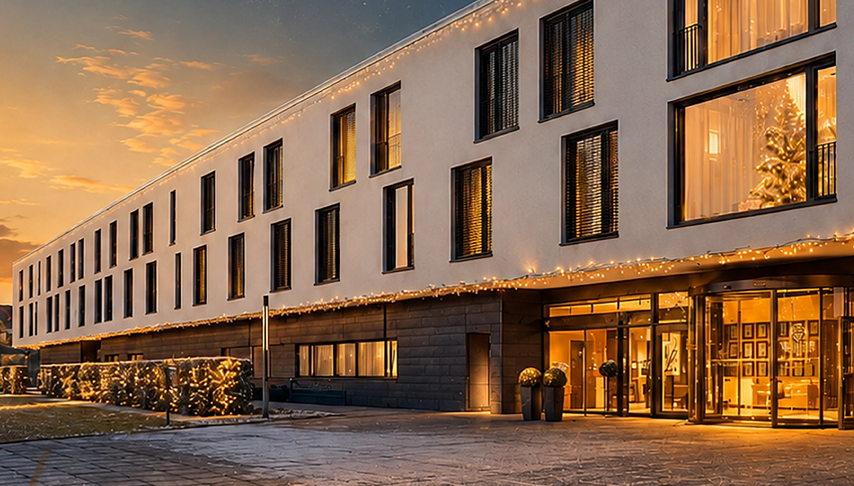 Außenansicht des festlich beleuchteten Schlosshotels Hellenstein bei winterlicher Abendstimmung.
