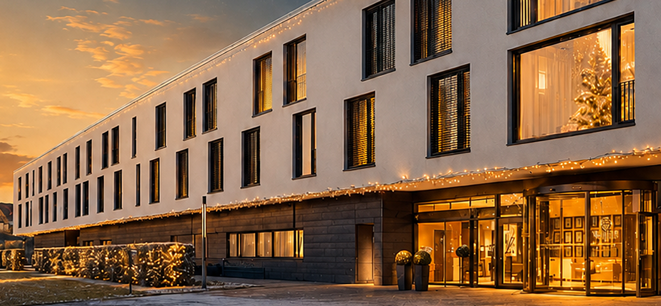 Außenansicht des festlich beleuchteten Schlosshotels Hellenstein bei winterlicher Abendstimmung.